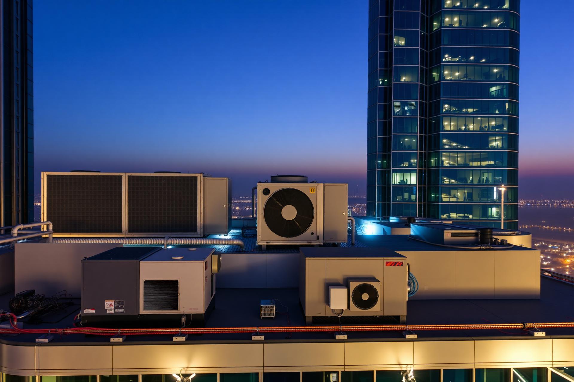 Commercial HVAC systems on a Dubai skyscraper at blue hour